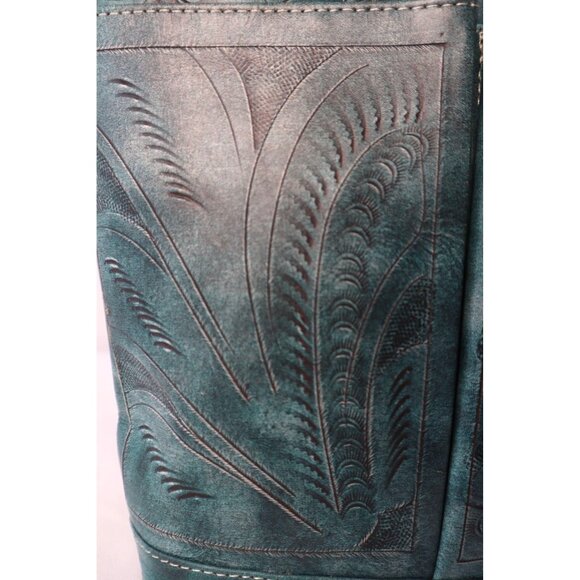LEADERS IN LEATHER Turquoise Embossed Tote Bag with Floral Pattern - Picture 3 of 10